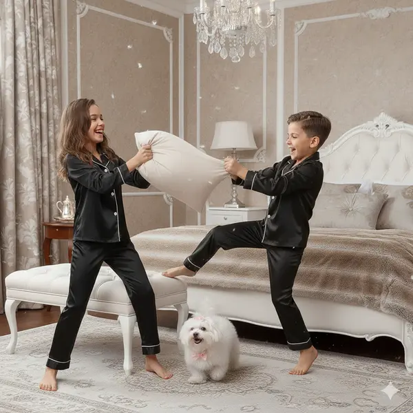 Pijama neagra model clasic din satin pentru copii - Personalizare Broderie