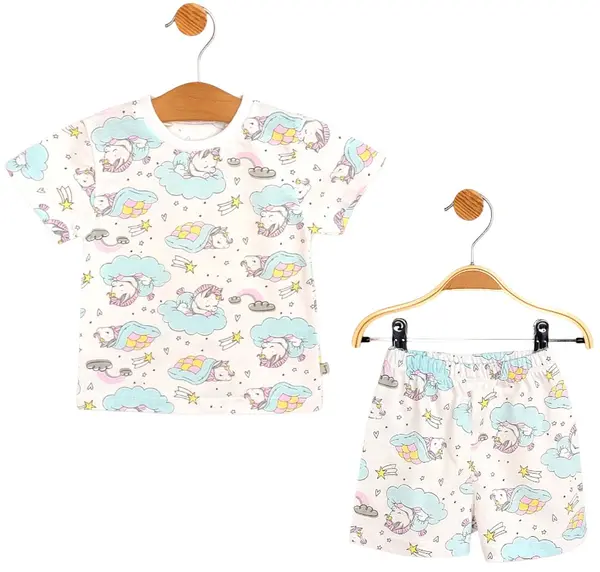 Pijamale pentru bebeluși cu mâneci scurte Rainy - Unicorn pe nor, 74 cm, 6-9 luni