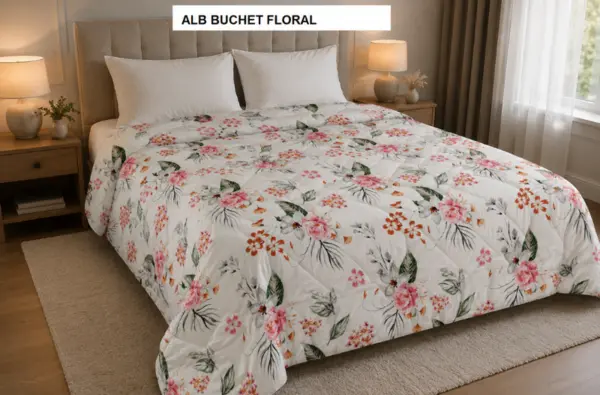 Pilota pat 3D 2 persoane alb buchet floral 200x215 cm, Ralex | 1 buc
