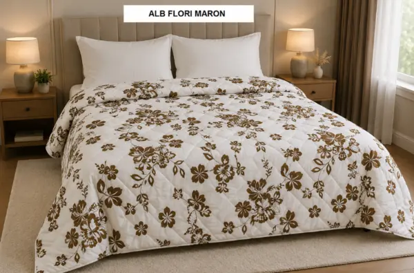 Pilota pat 3D 2 persoane alb flori maron 200x215 cm, Ralex | 1 buc