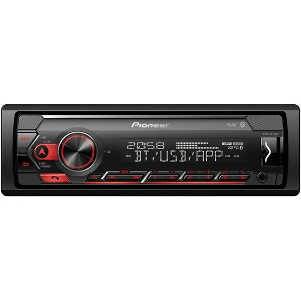 Pioneer Radio MP3 auto Pioneer MVH-S420BT, 1DIN, Bluetooth, Spotify, 4x50W, USB, compatibil cu dispozitive Apple/Android, taste Rosu, display Alb, Negru