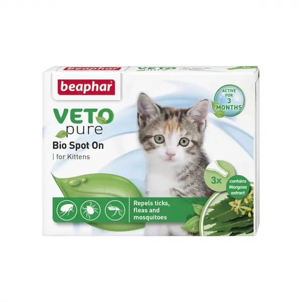 Pipeta antiparazitara BEAPHAR VETOPURE - BIO SPOT ON pentru pisici kitten puppy - 3 pipete cutie