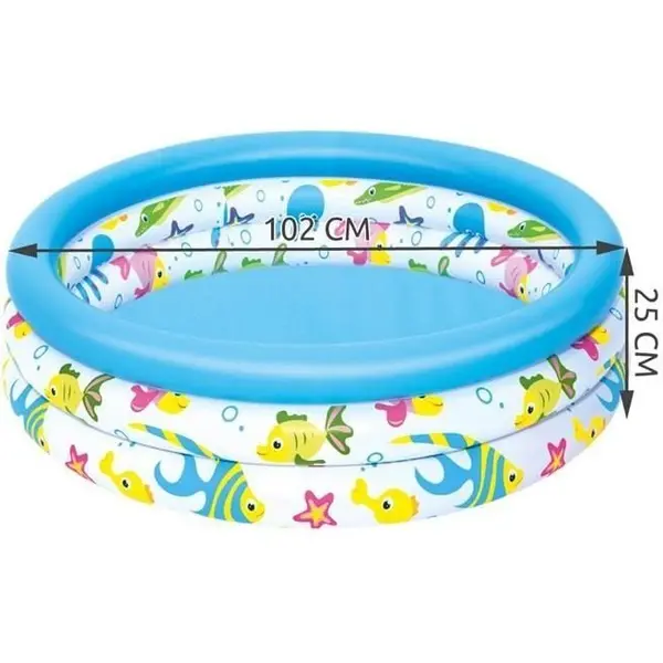 Piscina gonflabila pentru copii Bestway Fish Blue, Diametru 102x25 cm, Material PVC rezistent, Capacitate 101 litri, Kit reparatie inclus