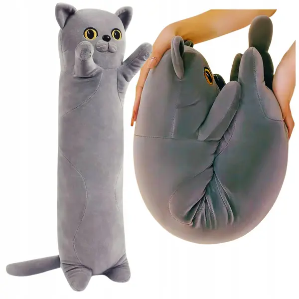Pisica Plus Gri 50 cm - Perna Jucarie Extensibila, Pufoasa, Antistres, Cadou Cute