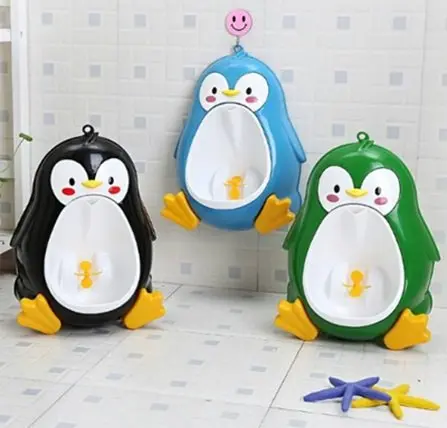 Pisoar pentru baieti Little Mom Cute Penguin Blue sigur si rezistent, cu montare versatila prin ventuze de perete, sau agatare, dimensiune 26 x 37cm