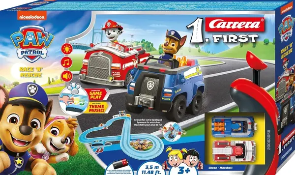 Pistă Carrera – Patrula Cățelușilor, cu două mașinuțe, 3,5 m, 1:50