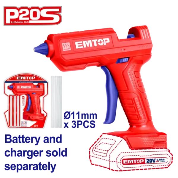 Pistol de lipit fara incarcator si acumulator, 11mm, 3buc clei 150mm - ELGG2002, EMTOP