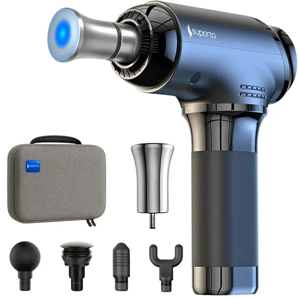 Pistol Masaj Premium Suporto F5 Titan, Massage Gun profesional cu percutii pentru Relaxare și Tonifiere, Ameliorarea Durerilor Musculare, Aparat Fizioterapie, Baterie de 4000 Mah 3h+, Amplitudine 10 mm, Cap special Titan, Geanta Transport, Argintiu - Def