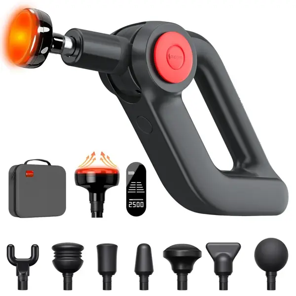 Pistol Masaj Premium Suporto F7 Pro, Aparat profesional Sportivi, Fizioterapeuti, Massage Gun pentru Detensionare și Tonifiere, Ameliorare Dureri Musculare, 4 Programe, 8 capete, Cap cu Incalzire, Baterie 4h+, Amplitudine 12 mm, Ecran OLED, Negru - Defau