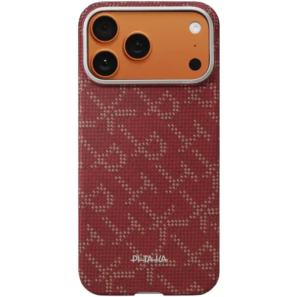 Pitaka Husa Pitaka pentru iPhone 17 Pro Max, Ultra-Slim, PitaTap™, Monogram-Gold/Red
