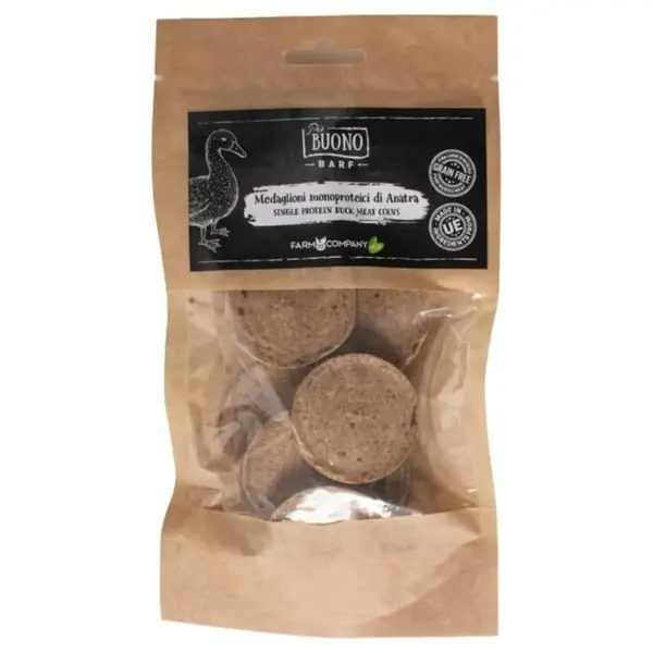 PIU BUONO Single Protein Meat Coins, XS-XL, Rață, punguță recompense monoproteice BARF câini, 70g