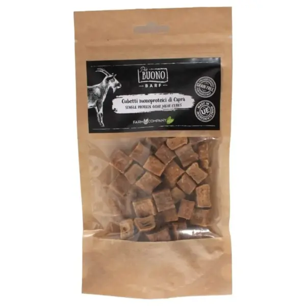 PIU BUONO Single Protein Meat Cubes, XS-XL, Capră, punguță recompense monoproteice BARF câini, 70g