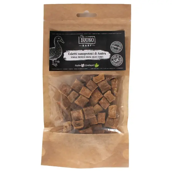 PIU BUONO Single Protein Meat Cubes, XS-XL, Rață, punguță recompense monoproteice BARF câini, 70g