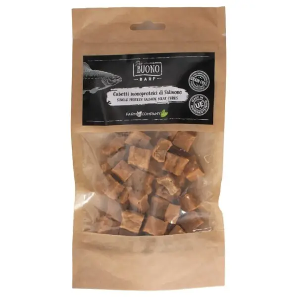 PIU BUONO Single Protein Meat Cubes, XS-XL, Somon, punguță recompense monoproteice BARF câini, 70g