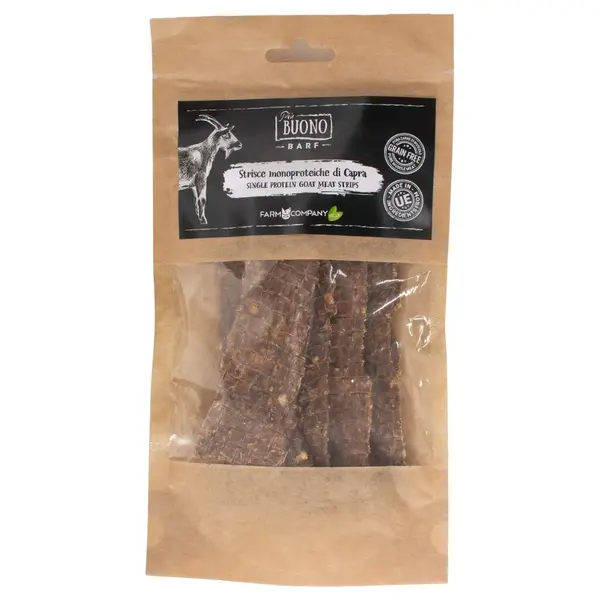 PIU BUONO Single Protein Meat Strips, XS-XL, Capră, punguță recompense monoproteice BARF câini, 70g