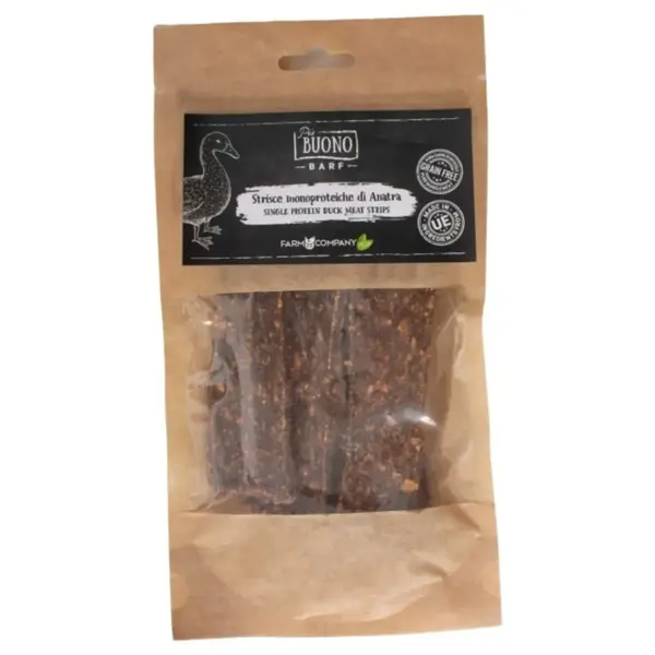 PIU BUONO Single Protein Meat Strips, XS-XL, Rață, punguță recompense monoproteice BARF câini, 70g