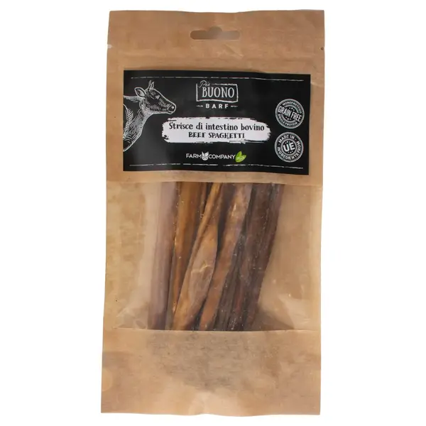 PIU BUONO Strips Intestine de Vita, XS-XL, punguță recompense câini, 50g