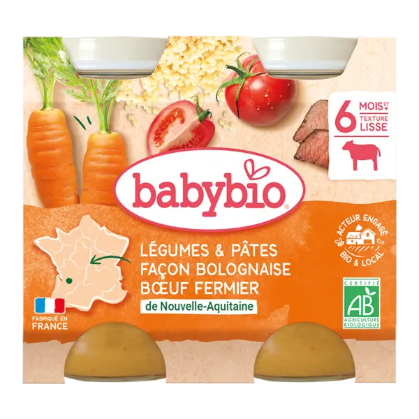 Piure bio de legume si paste in stil Bolognaise +6 luni, 2 x 200g, BabyBio