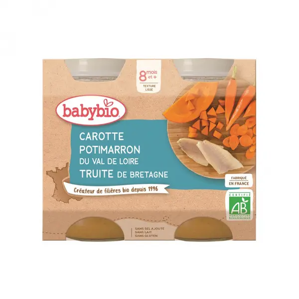 Piure cu pastrav, dovleac si morcov +8 luni Bio, 2 x 200g, BabyBio
