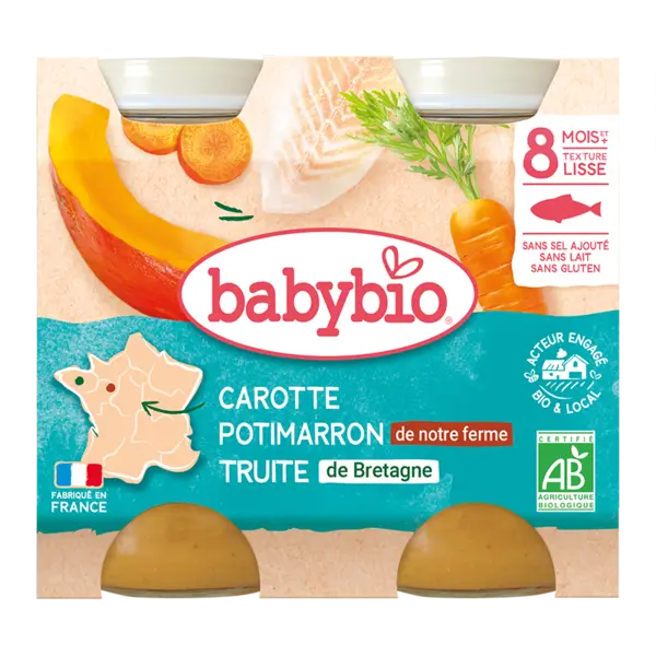 Piure cu pastrav, dovleac si morcov +8 luni Bio, 2 x 200g, BabyBio
