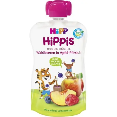Piure de fructe, mar, piersica si fructe de padure, incepand de la 12 luni, 100g, HiPP