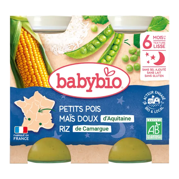 Piure de mazare, porumb dulce si orez Bio, 2 x 200g, BabyBio