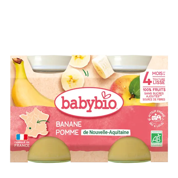 Piure de mere si banane Bio, 2 x 130g, BabyBio
