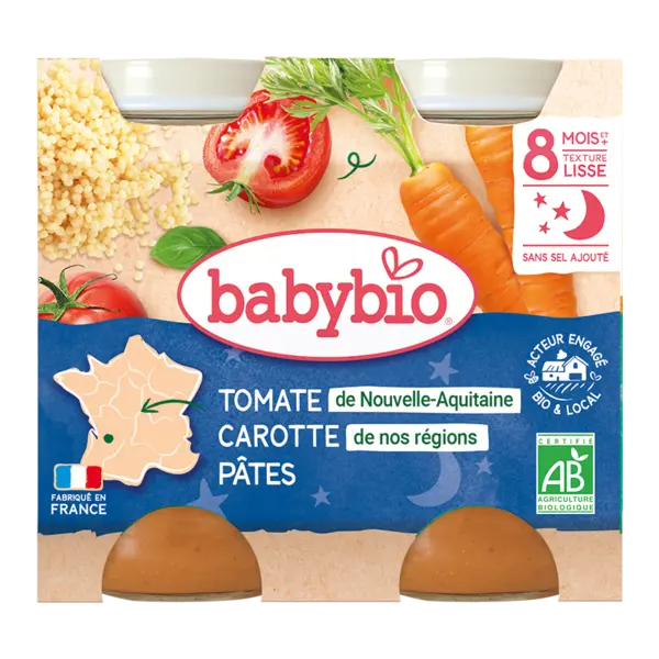 Piure de morcovi cu rosii si paste, 2 x 200g, BabyBio