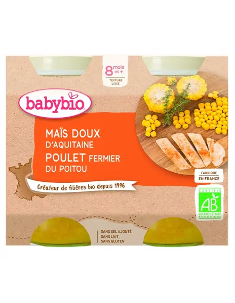 Piure de porumb dulce si pui Bio, 2 x 200g, BabyBio