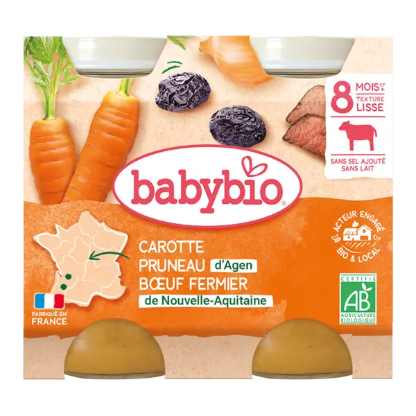 Piure din carne de vacuta, morcovi si prune uscate Bio +8 luni, 2 x 200g, BabyBio