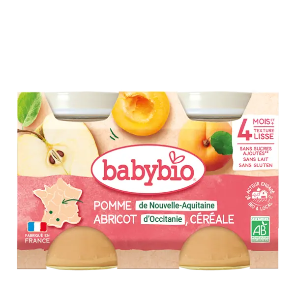 Piure din mere, caise si cereale Bio +4 luni, 2 x 130g, BabyBio