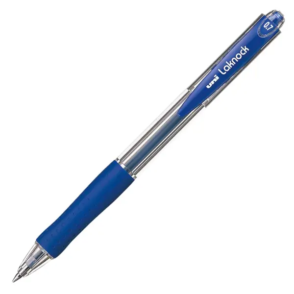 Pix cu bila Uni-ball Laknock SN-100, 0.7mm, cu mecanism, corp transparent, grip cauciucat in culoarea scrisului