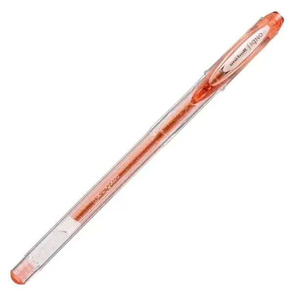 Pix cu gel Uni-ball Sparkling UM-120SP, 0.7mm,cu capac,corp transparent,scris roz corai cu sclipici