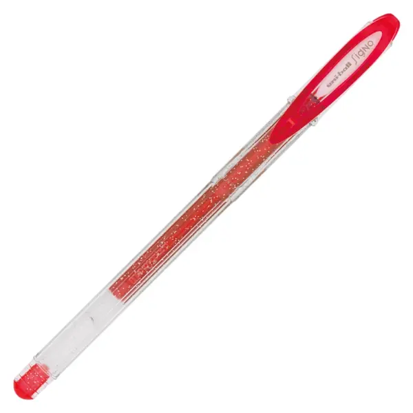 Pix cu gel Uni-ball Sparkling UM-120SP, 0.7mm,cu capac,corp transparent,scris rosu cu sclipici
