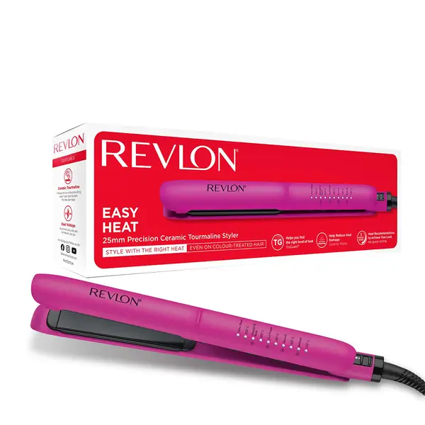 Placa de indreptat parul Revlon Easy Heat RVST2217E, tehnologie cu turmalina ceramica, 5 setari de temperatura cu ghidaj inteligent TruGuard, placi de 100 mm lungime si 25 mm latime