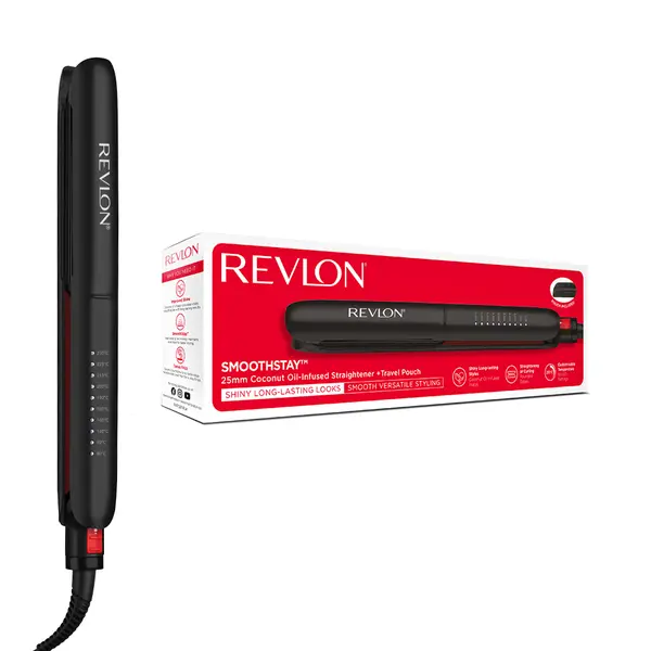 Placa de indreptat parul REVLON SmoothStay RVST2211PE, infuzie cu ulei de cocos, 25 mm, 10 trepte de temperatura, afisaj LCD, geanta de depozitare