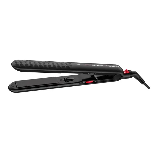 Placa de par Rowenta x Karl Lagerfeld Optiliss SF323LF0, invelis Keratin & Glow, temperatura maxima 230 ºC, incalizre in 30 secunde, varf rece, negru & rosu