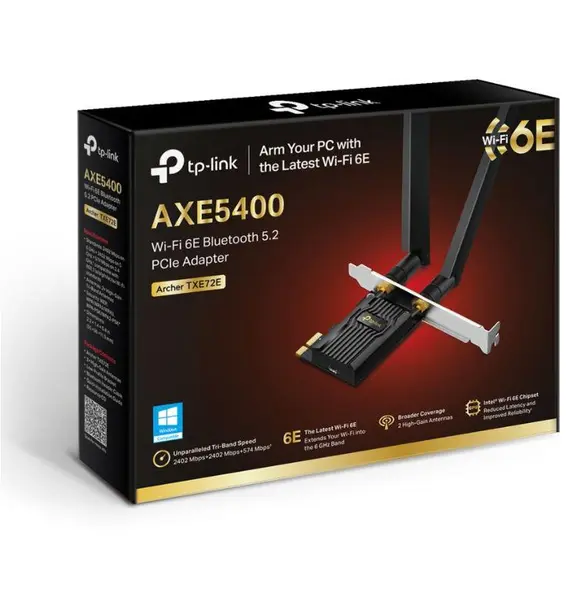 Placa de retea TP-Link Archer, Tri-Band Wi-Fi 6E, Bluetooth 5.3, PCIe, 2 antene high-gain, ARCHER TXE72E