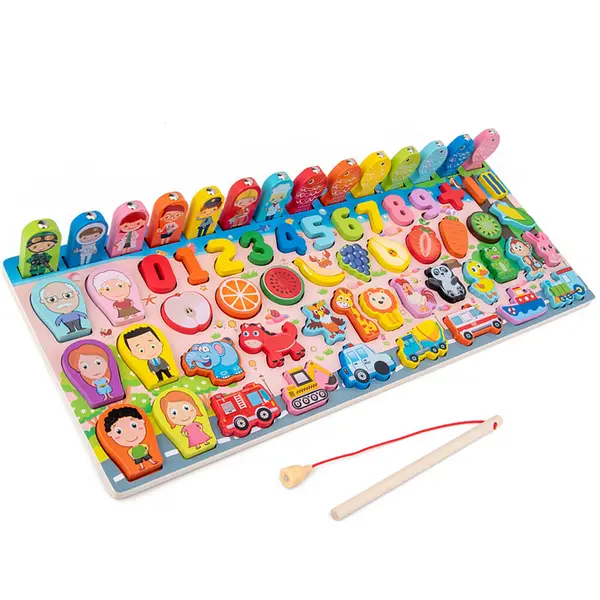 Placa logaritmica educativa din lemn 6 in 1 - cifre, forme, inele, pescuit si sortare Montessori