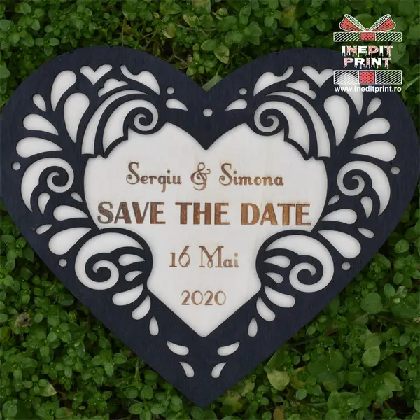 Placuta personalizata Save The Date STD3 21x18cm, Lemn natur + lemn natur vopsit negru
