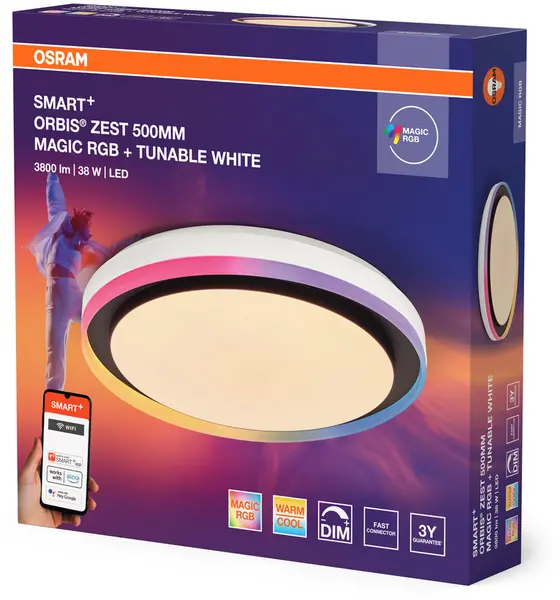 Plafonier inteligent Osram - Orbis RGB, 500 mm, dimabil, negru