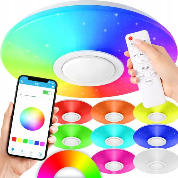 Plafoniera Led, NewEvo , inteligenta, Putere 40W, Control prin Telefon Telecomanda Intrerupator, Difuzor Conectat Bluetooth, Lumina RGB Calda si Rece,