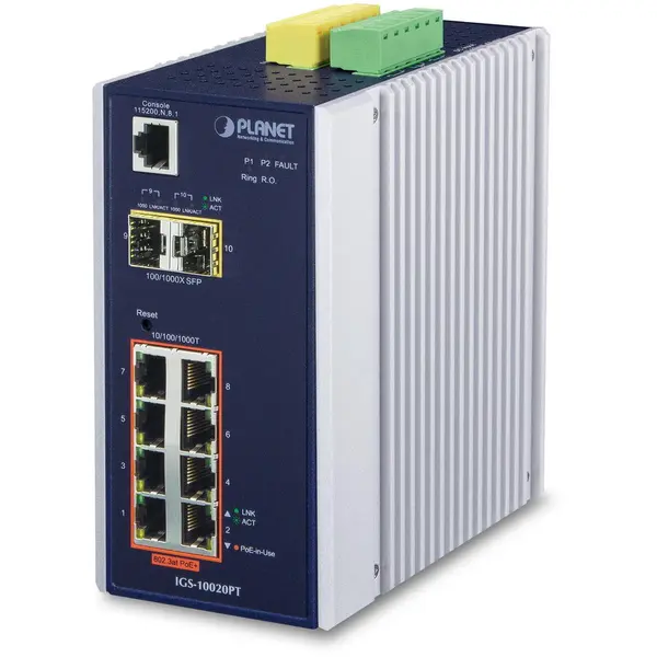 Planet Switch industrial Planet IGS-10020PT, 8 porturi Gigabit PoE+, 2 porturi SFP 2.5G, Managed L2+