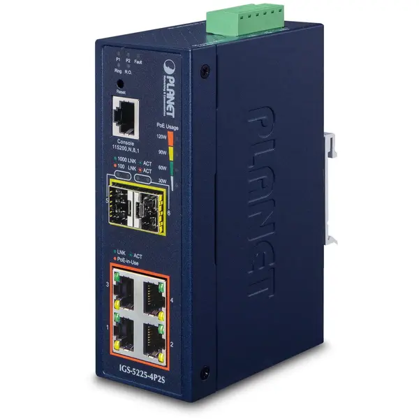 Planet Switch industrial Planet IGS-5225-4P2S, 4 porturi Gigabit PoE+, 2 porturi SFP 2.5G, Management L2+
