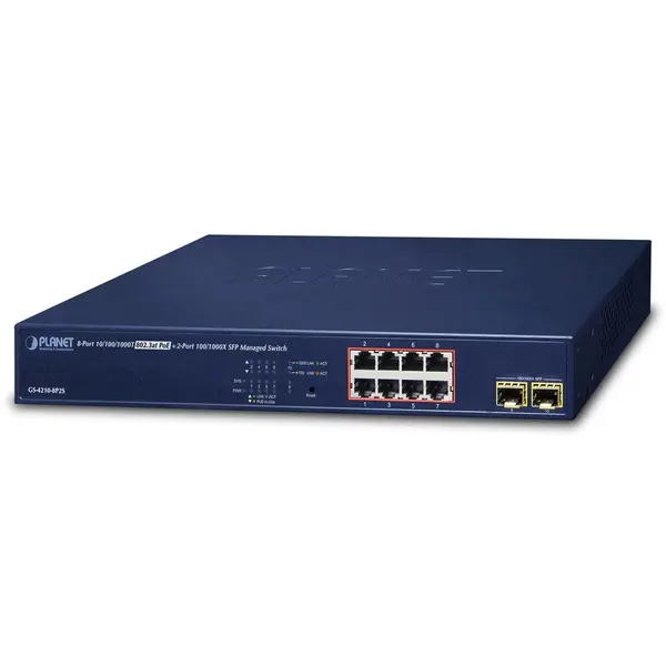 Planet Switch Planet GS-4210-8P2S, 8 porturi RJ-45 PoE+, 2 porturi SFP, Gigabit Ethernet, Management IPv4/IPv6