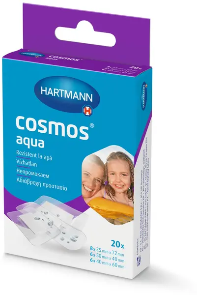 Plasturi transparenti Cosmos Aqua, 3 dimensiuni, 20 bucati, Hartmann