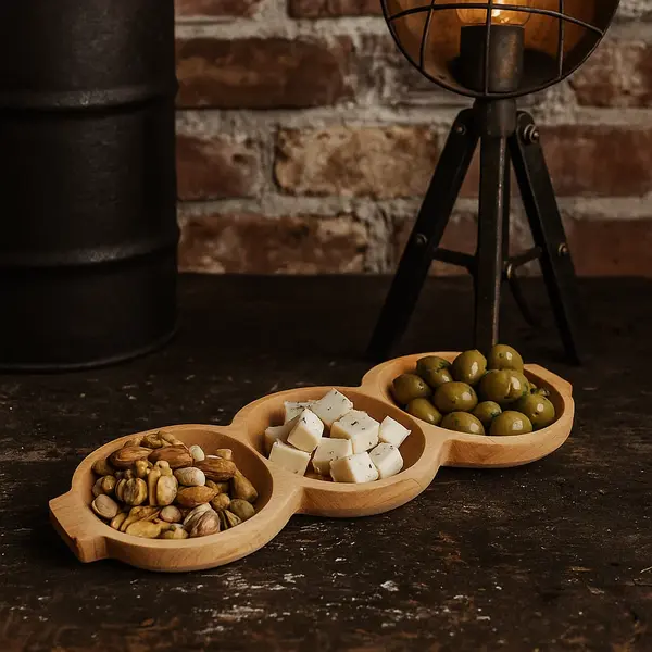 Platou din lemn pentru aperitive, branzeturi si snack-uri - 3 compartimente, fag, 43x23 cm