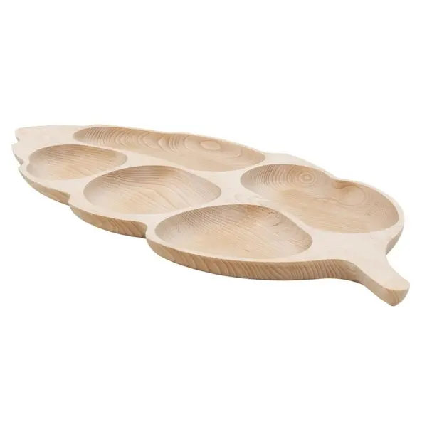 Platou in Forma de Frunza Uriasa pentru Servire, 5 Compartimente, Lemn de Fag, 71 x 32 cm