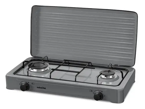Plita exterior NobeLTek NLT PE2GS, Gaz, 2 arzatoare, Gratar emailat, fara siguranta, Diuze GPL, Capac emailat (Argintiu)