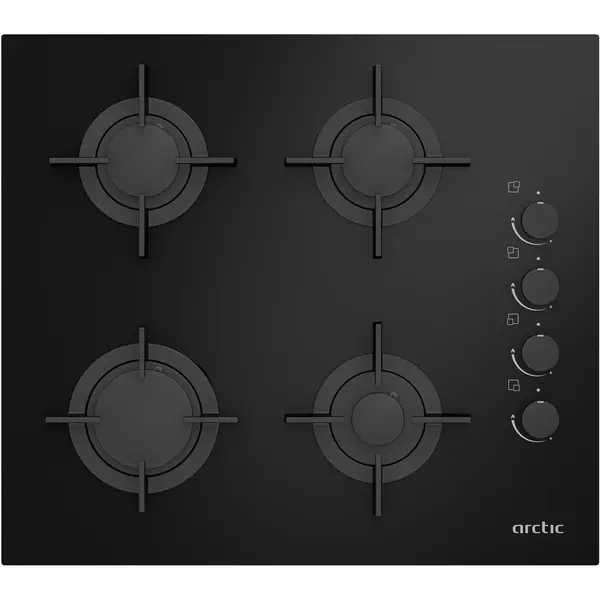 Plita incorporabila Arctic ARSGN64125S, Gaz, 4 arzatoare, Dispozitiv de siguranta, Gratare fonta, 60 cm, Sticla Neagra